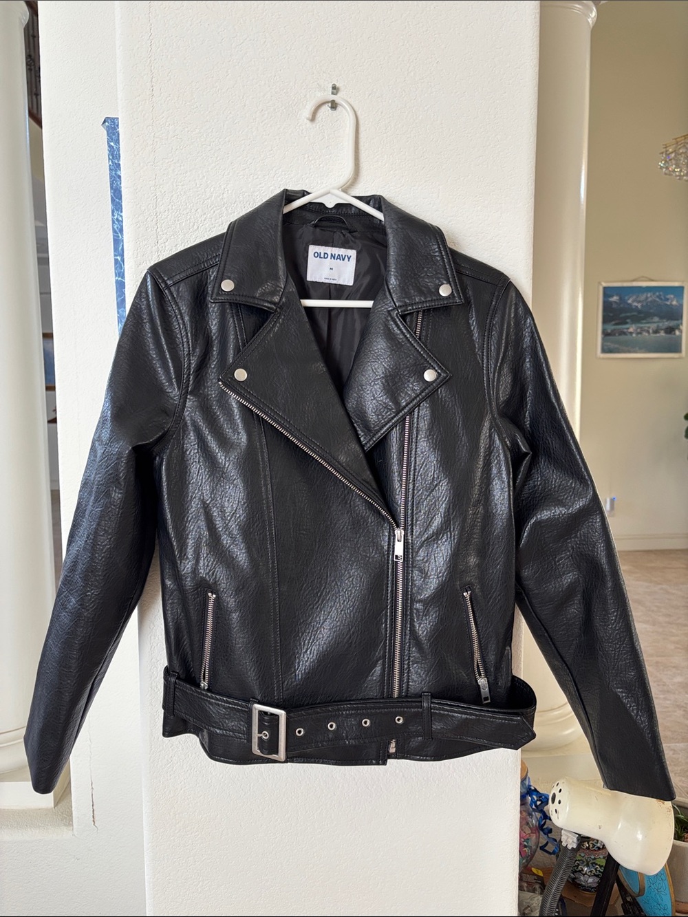 Old Navy Black Faux Leather Belted Moto Jacket